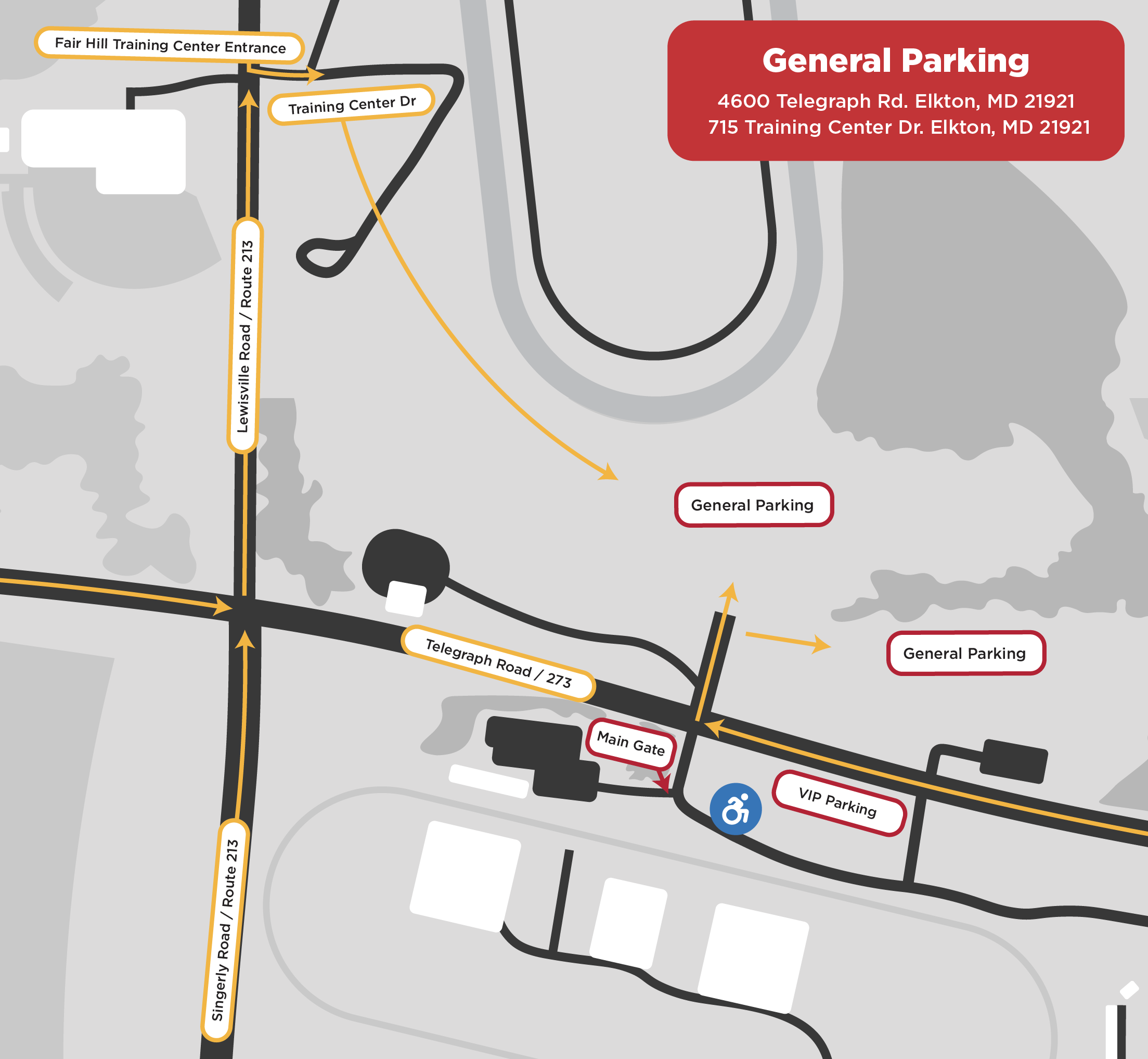 Road map highlighting General Parking areas for the event at 4600 Telegraph Rd and 715 Training Center Dr, Elkton, MD 21921. Shows major roads including Singerly Road / Route 213, Telegraph Road / Route 273, and Lewisville Road / Route 273. Arrows direct traffic toward General Parking areas via Training Center Drive and Lewisville Road/Route 213. VIP Parking, ADA Parking and Main Gate are also indicated near the track.