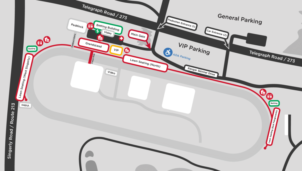 Overhead map of a horse racing venue showing Telegraph Road / Route 273 at the top and Singerly Road / Route 213 on the left. Features include General Parking, VIP Parking (with ADA symbol), Main Gate, Pedestrian Entrance, Betting Building, Grandstand, VIP area, Lawn Seating (West – Singerly, North, and East – Fairgrounds), Paddock, Paddock Entry, Finish Pole, and video screens. Icons indicate locations for betting, restrooms, food, information, and first aid. Track layout with spectator areas and roads is clearly marked.